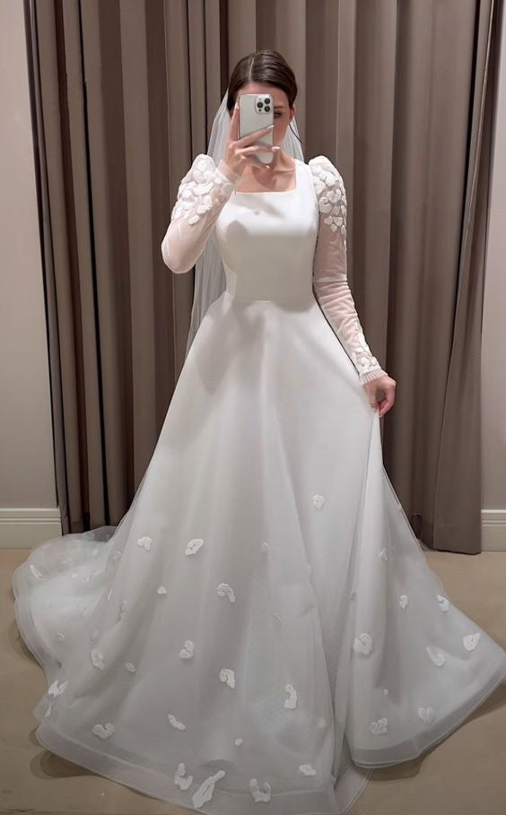 Modest White A-line Long Sleeves Wedding Dress,White Bridal Dress fg6818