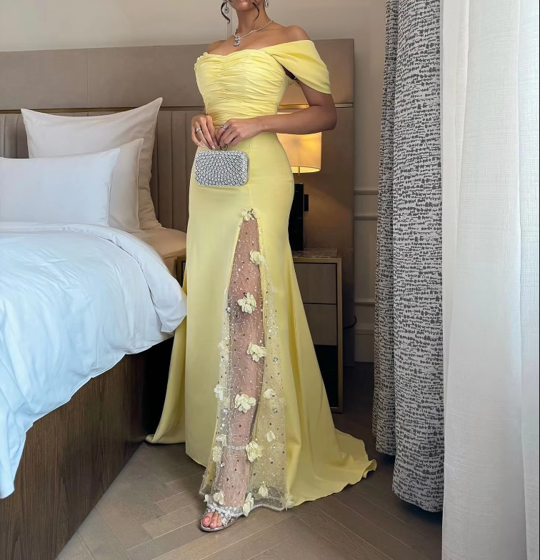 Elegantes vestidos de fiesta, vestido de noche largo amarillo con hombros descubiertos, vestido formal para fiesta de boda fg7463