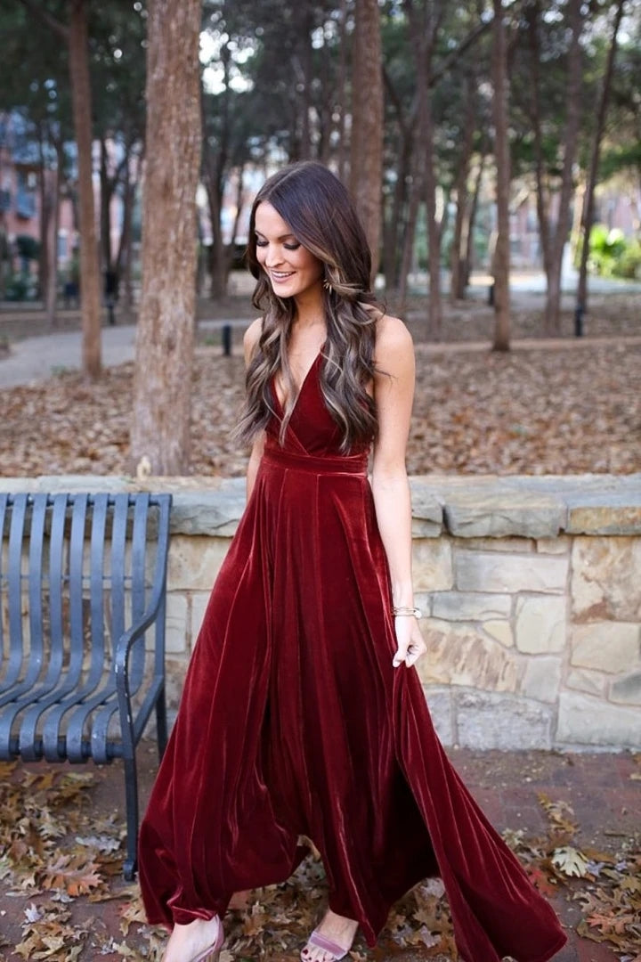 Elegant A-Line Halter Backless Burgundy Velvet Long Bridesmaid Dresses Prom Gown VK0610001