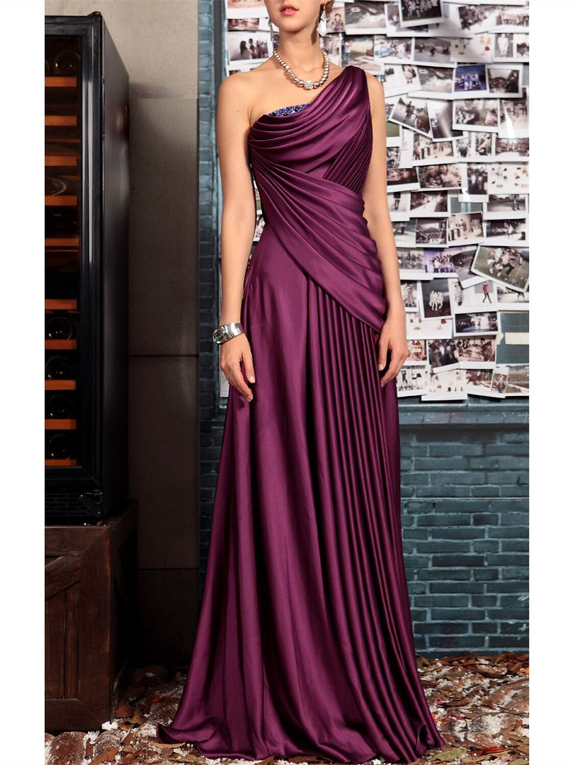 Sheath One Shoulder Sleeveless Floor Length Mother of the Bride Dresses with Pleats Crystals Draping