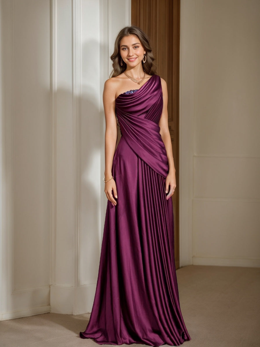 Sheath One Shoulder Sleeveless Floor Length Mother of the Bride Dresses with Pleats Crystals Draping