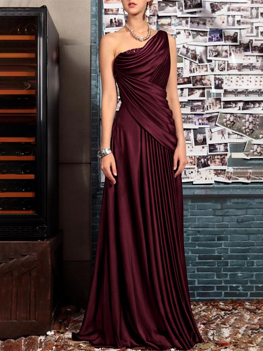 Sheath One Shoulder Sleeveless Floor Length Mother of the Bride Dresses with Pleats Crystals Draping