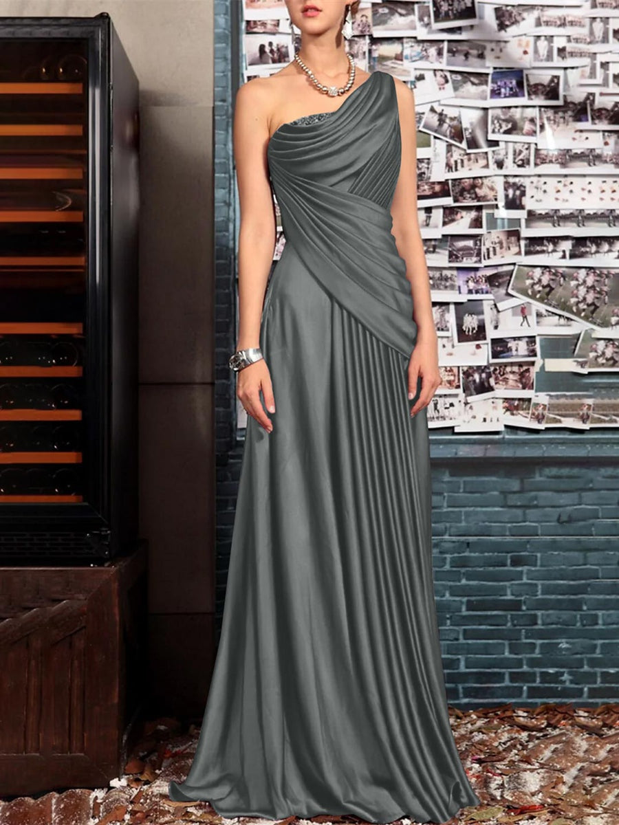 Sheath One Shoulder Sleeveless Floor Length Mother of the Bride Dresses with Pleats Crystals Draping