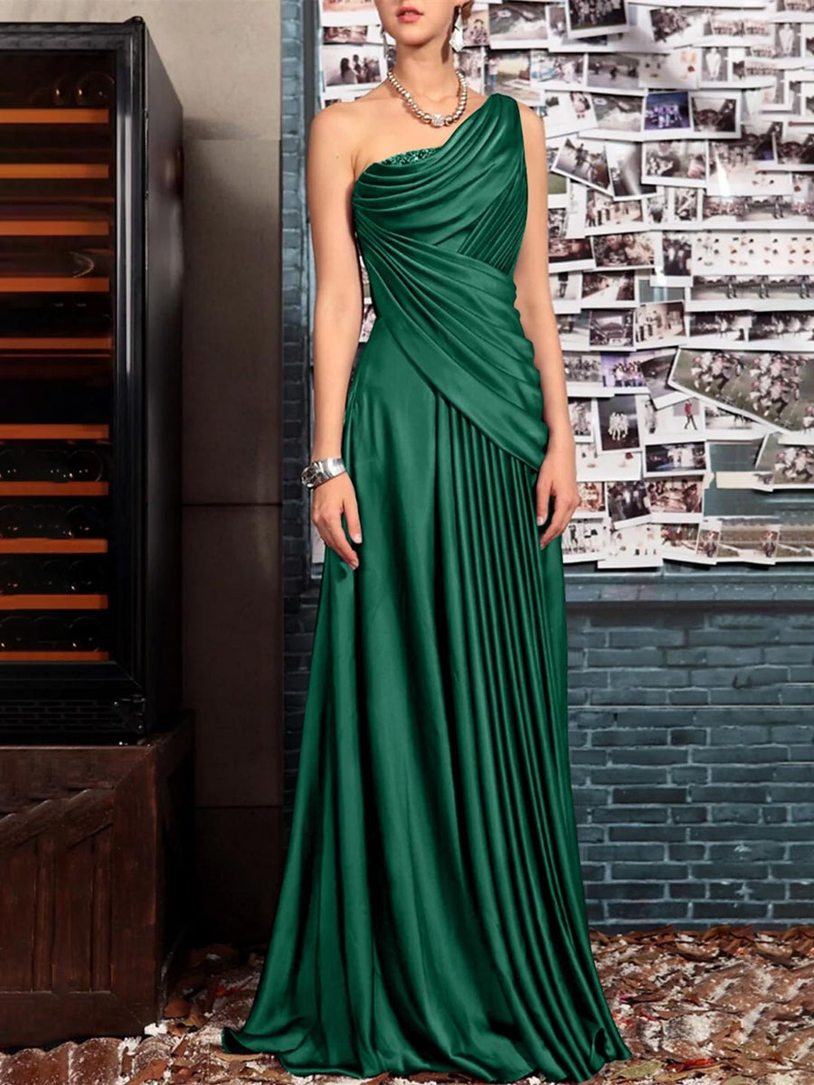 Sheath One Shoulder Sleeveless Floor Length Mother of the Bride Dresses with Pleats Crystals Draping