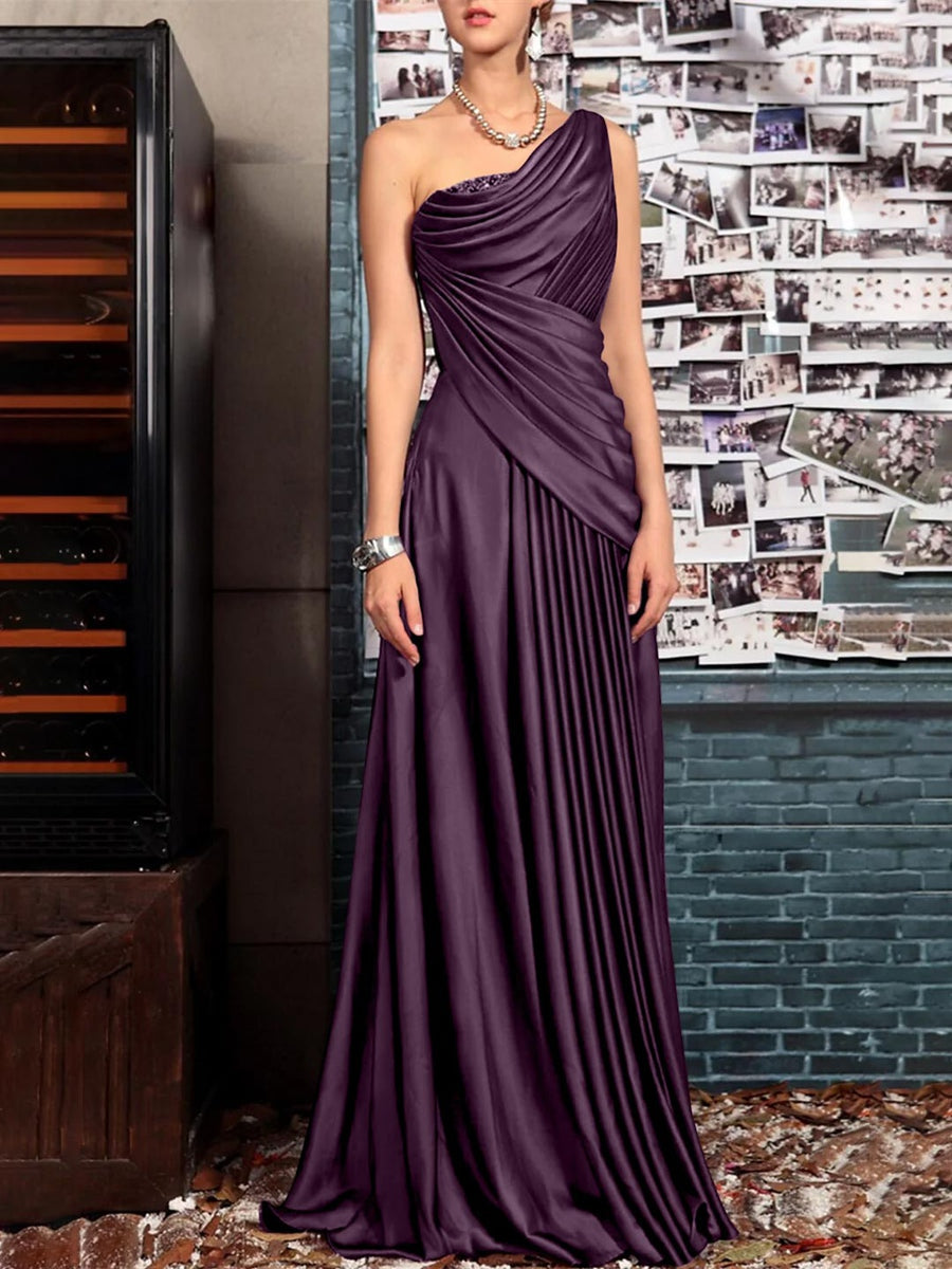 Sheath One Shoulder Sleeveless Floor Length Mother of the Bride Dresses with Pleats Crystals Draping