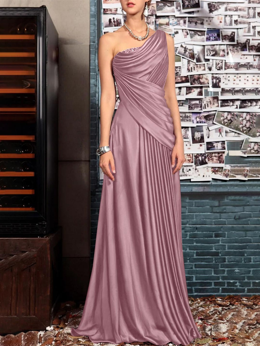 Sheath One Shoulder Sleeveless Floor Length Mother of the Bride Dresses with Pleats Crystals Draping