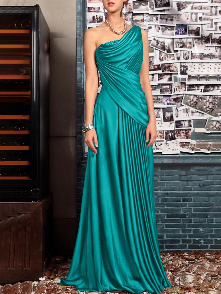 Sheath One Shoulder Sleeveless Floor Length Mother of the Bride Dresses with Pleats Crystals Draping
