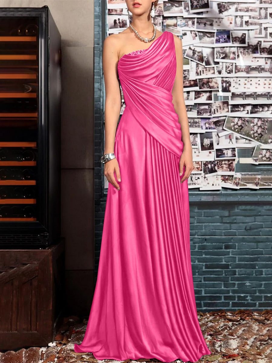 Sheath One Shoulder Sleeveless Floor Length Mother of the Bride Dresses with Pleats Crystals Draping