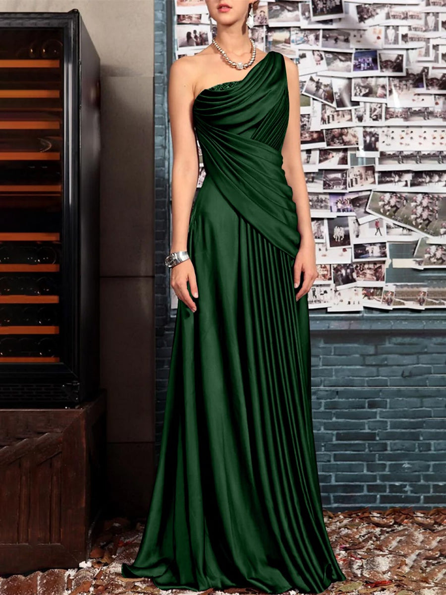 Sheath One Shoulder Sleeveless Floor Length Mother of the Bride Dresses with Pleats Crystals Draping