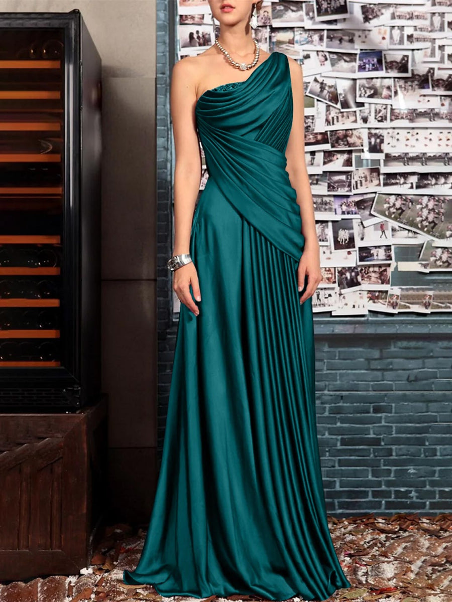 Sheath One Shoulder Sleeveless Floor Length Mother of the Bride Dresses with Pleats Crystals Draping