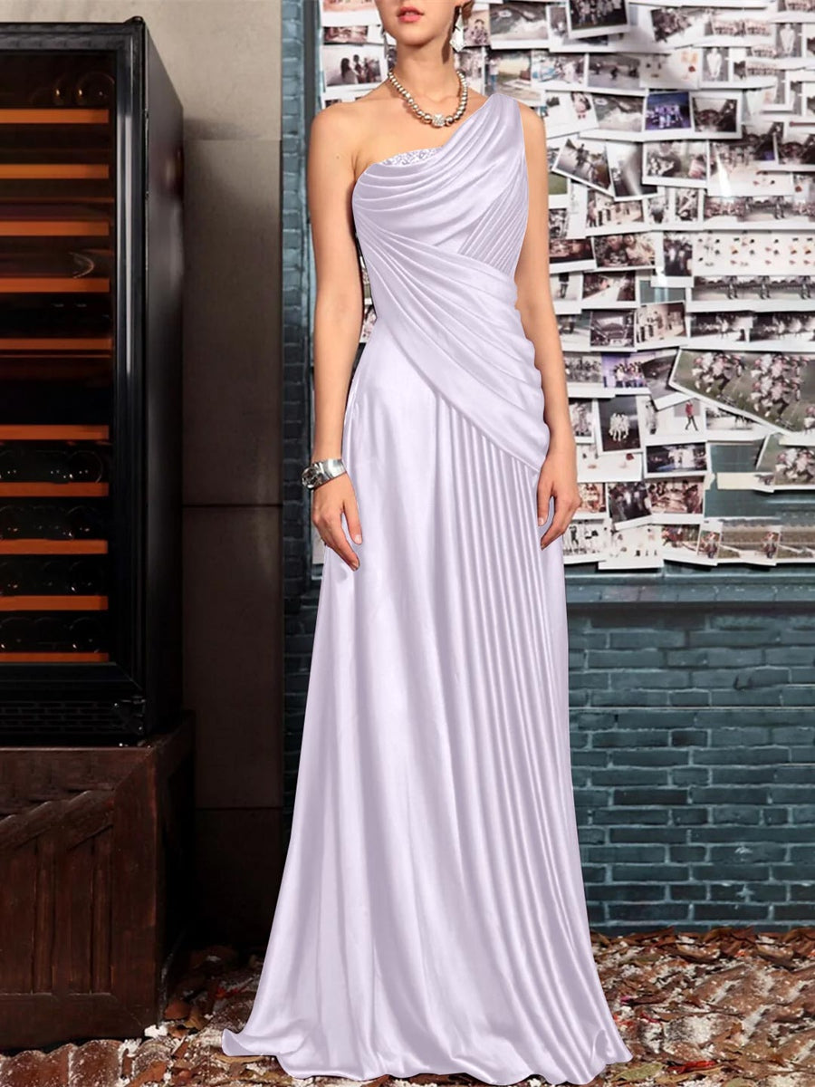 Sheath One Shoulder Sleeveless Floor Length Mother of the Bride Dresses with Pleats Crystals Draping