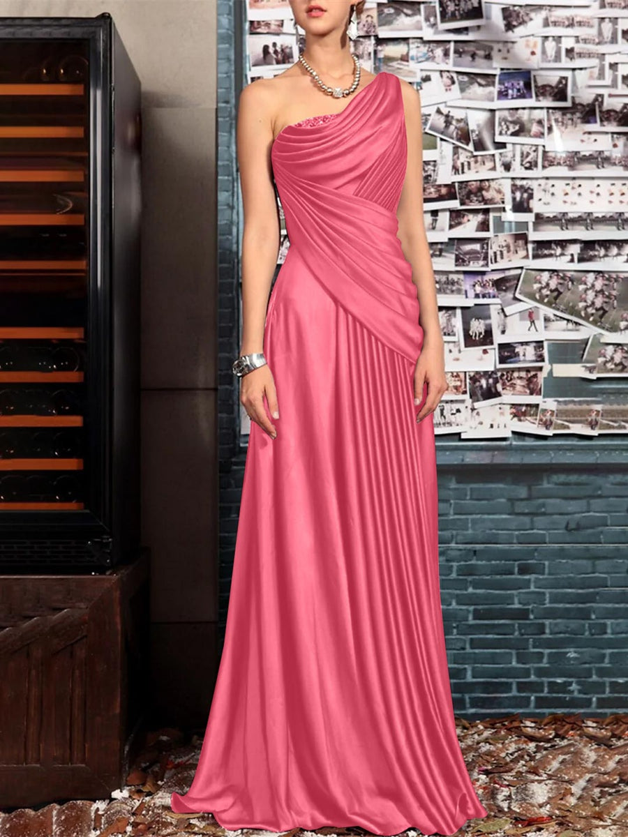 Sheath One Shoulder Sleeveless Floor Length Mother of the Bride Dresses with Pleats Crystals Draping