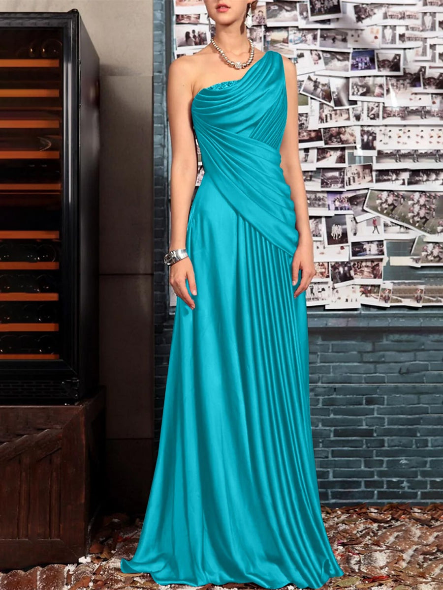 Sheath One Shoulder Sleeveless Floor Length Mother of the Bride Dresses with Pleats Crystals Draping