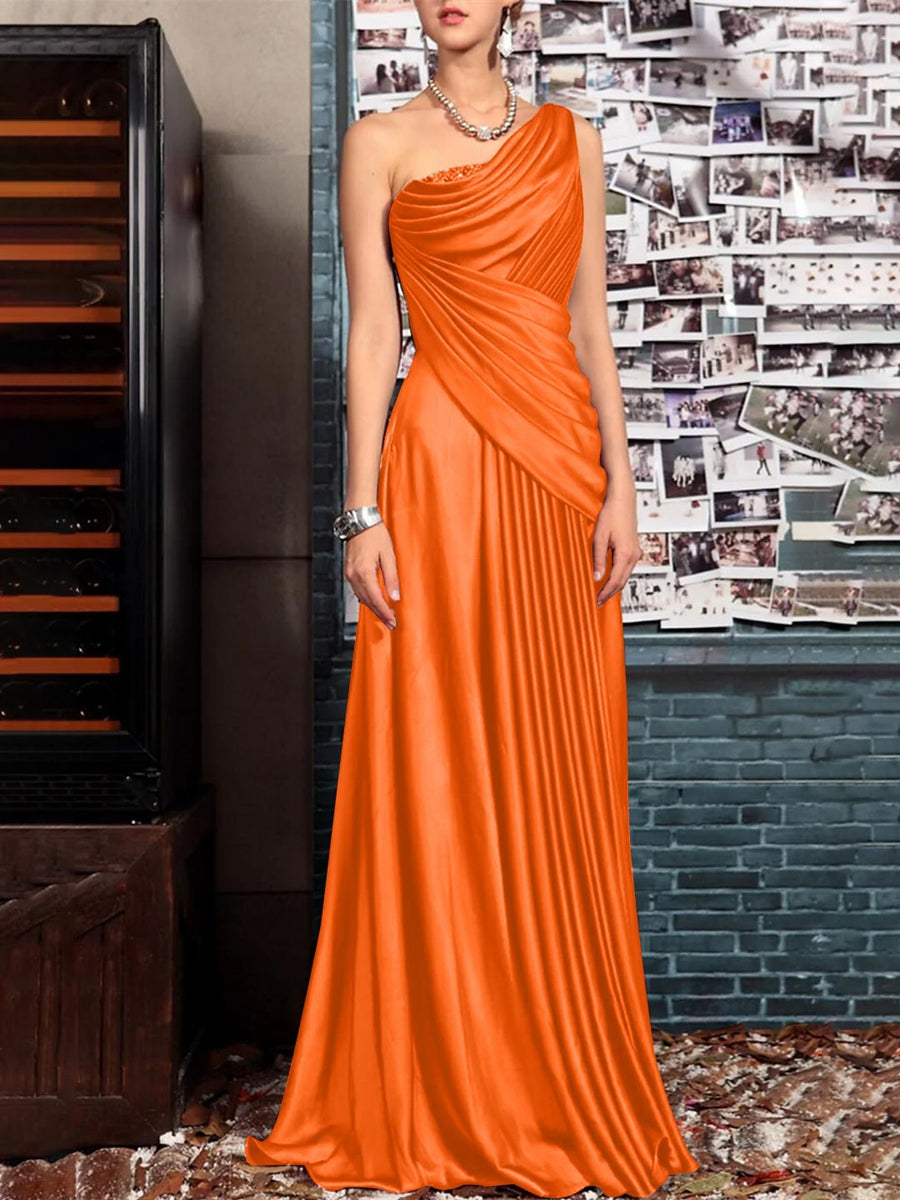 Sheath One Shoulder Sleeveless Floor Length Mother of the Bride Dresses with Pleats Crystals Draping