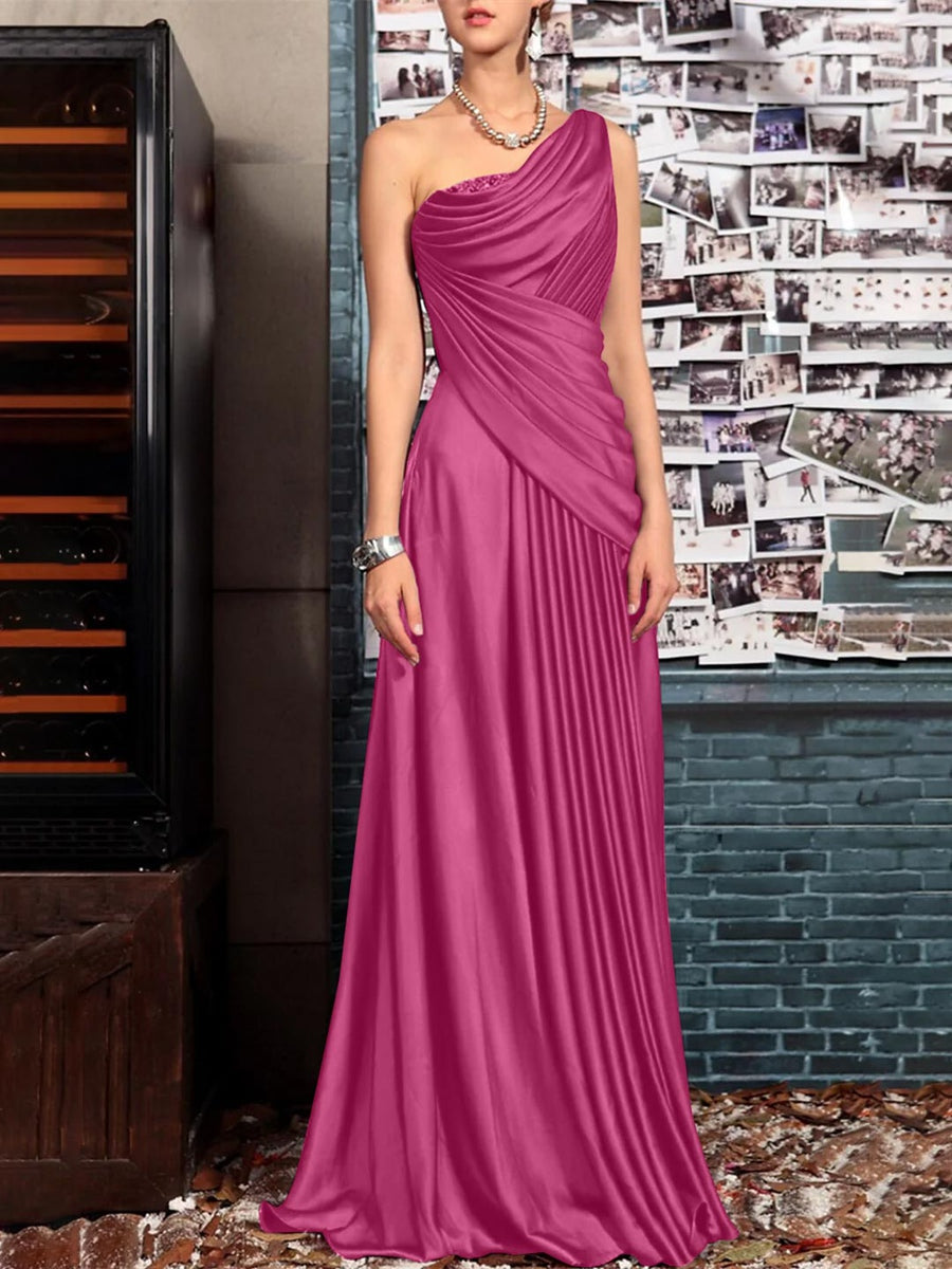 Sheath One Shoulder Sleeveless Floor Length Mother of the Bride Dresses with Pleats Crystals Draping