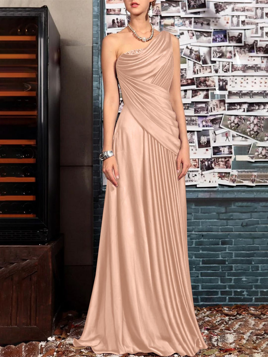 Sheath One Shoulder Sleeveless Floor Length Mother of the Bride Dresses with Pleats Crystals Draping