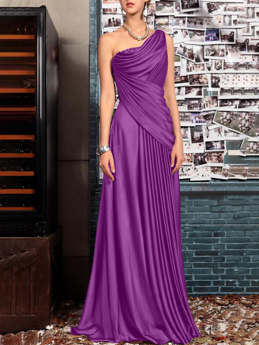 Sheath One Shoulder Sleeveless Floor Length Mother of the Bride Dresses with Pleats Crystals Draping