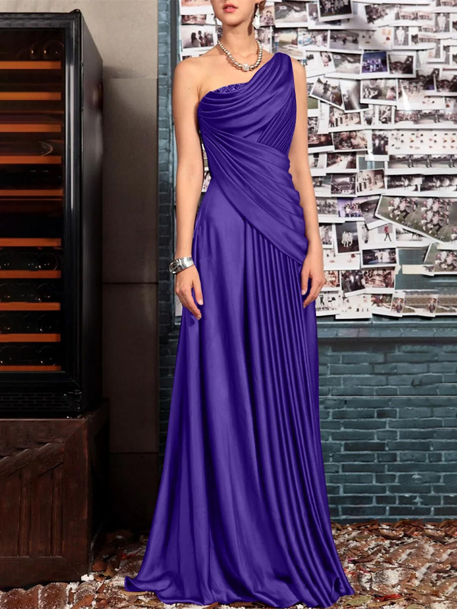 Sheath One Shoulder Sleeveless Floor Length Mother of the Bride Dresses with Pleats Crystals Draping