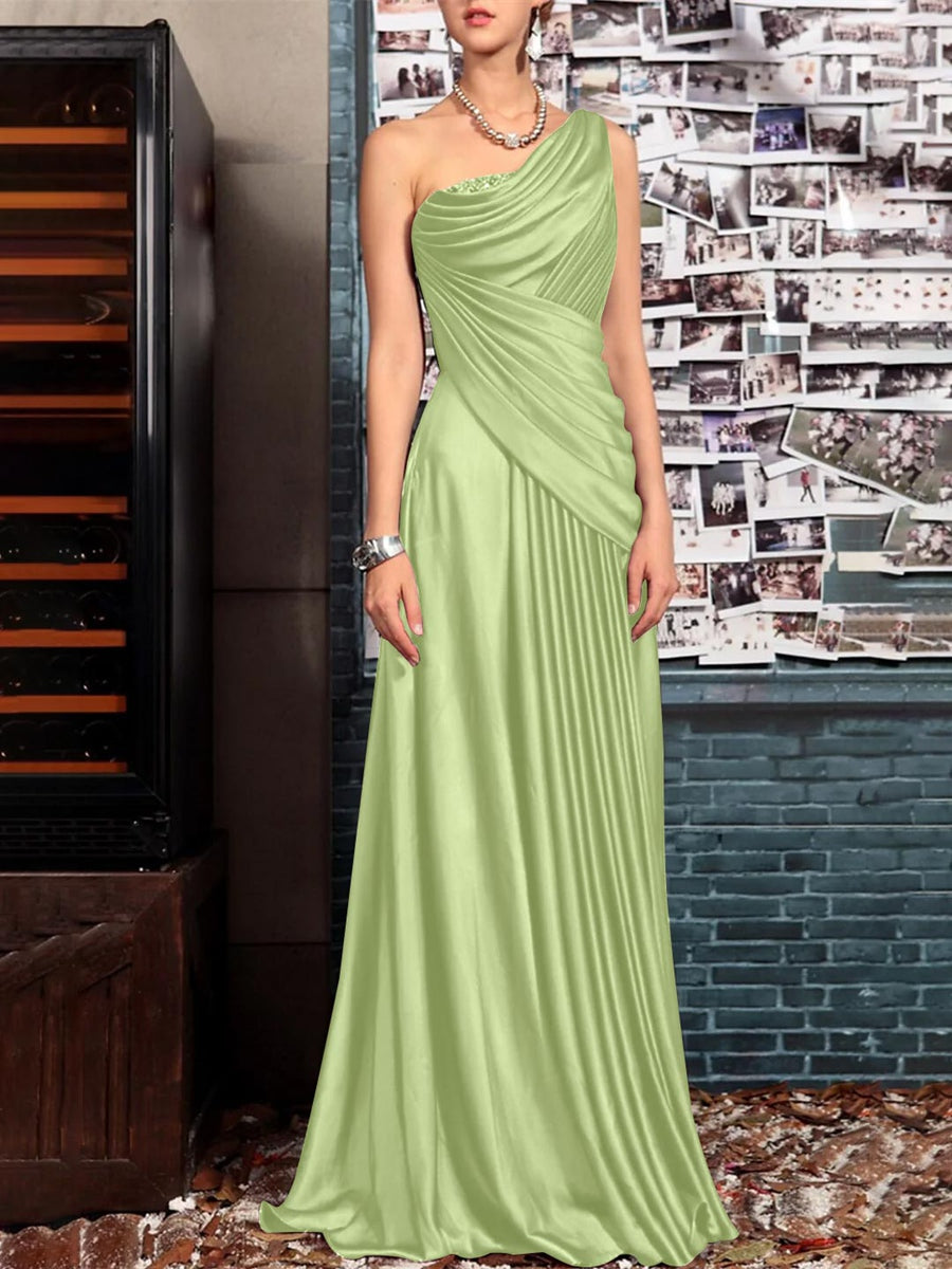 Sheath One Shoulder Sleeveless Floor Length Mother of the Bride Dresses with Pleats Crystals Draping