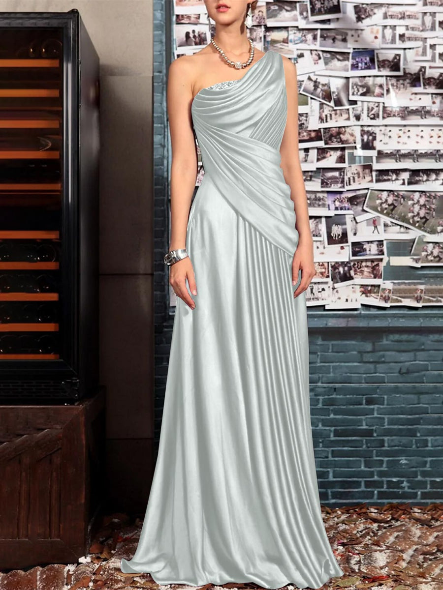 Sheath One Shoulder Sleeveless Floor Length Mother of the Bride Dresses with Pleats Crystals Draping