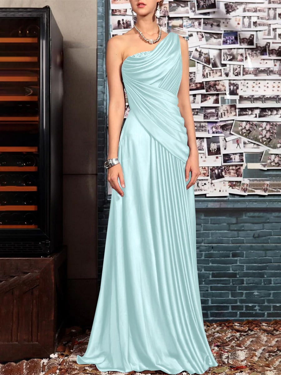 Sheath One Shoulder Sleeveless Floor Length Mother of the Bride Dresses with Pleats Crystals Draping