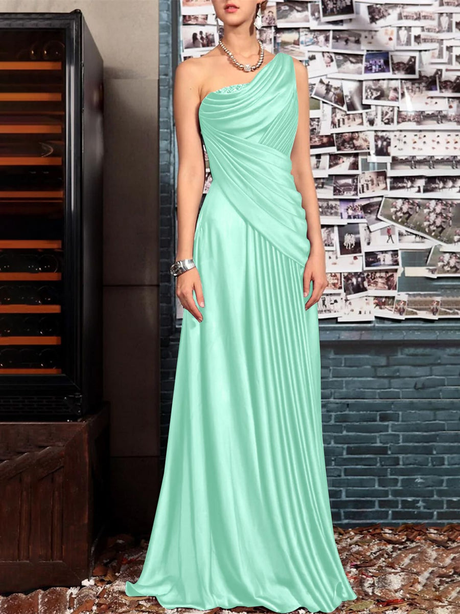 Sheath One Shoulder Sleeveless Floor Length Mother of the Bride Dresses with Pleats Crystals Draping