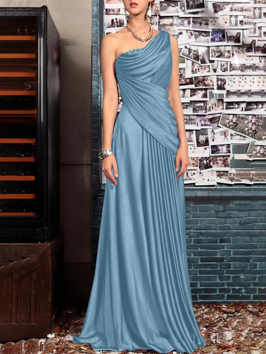Sheath One Shoulder Sleeveless Floor Length Mother of the Bride Dresses with Pleats Crystals Draping