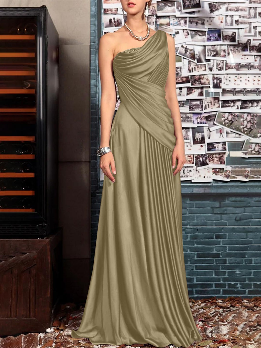 Sheath One Shoulder Sleeveless Floor Length Mother of the Bride Dresses with Pleats Crystals Draping