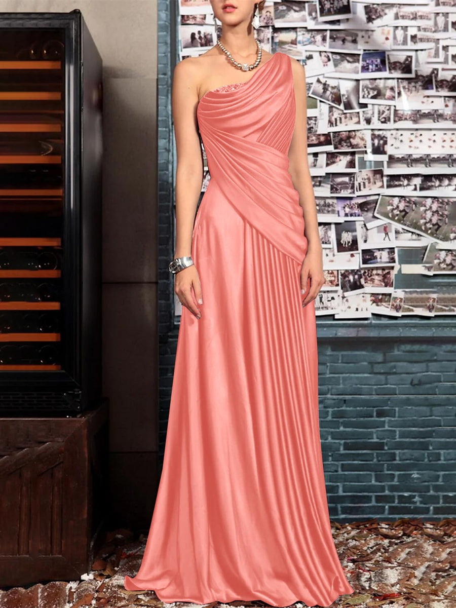 Sheath One Shoulder Sleeveless Floor Length Mother of the Bride Dresses with Pleats Crystals Draping