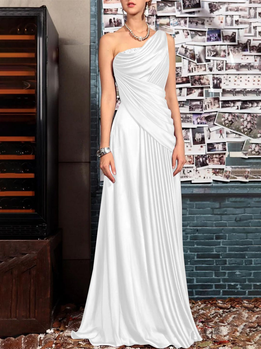 Sheath One Shoulder Sleeveless Floor Length Mother of the Bride Dresses with Pleats Crystals Draping