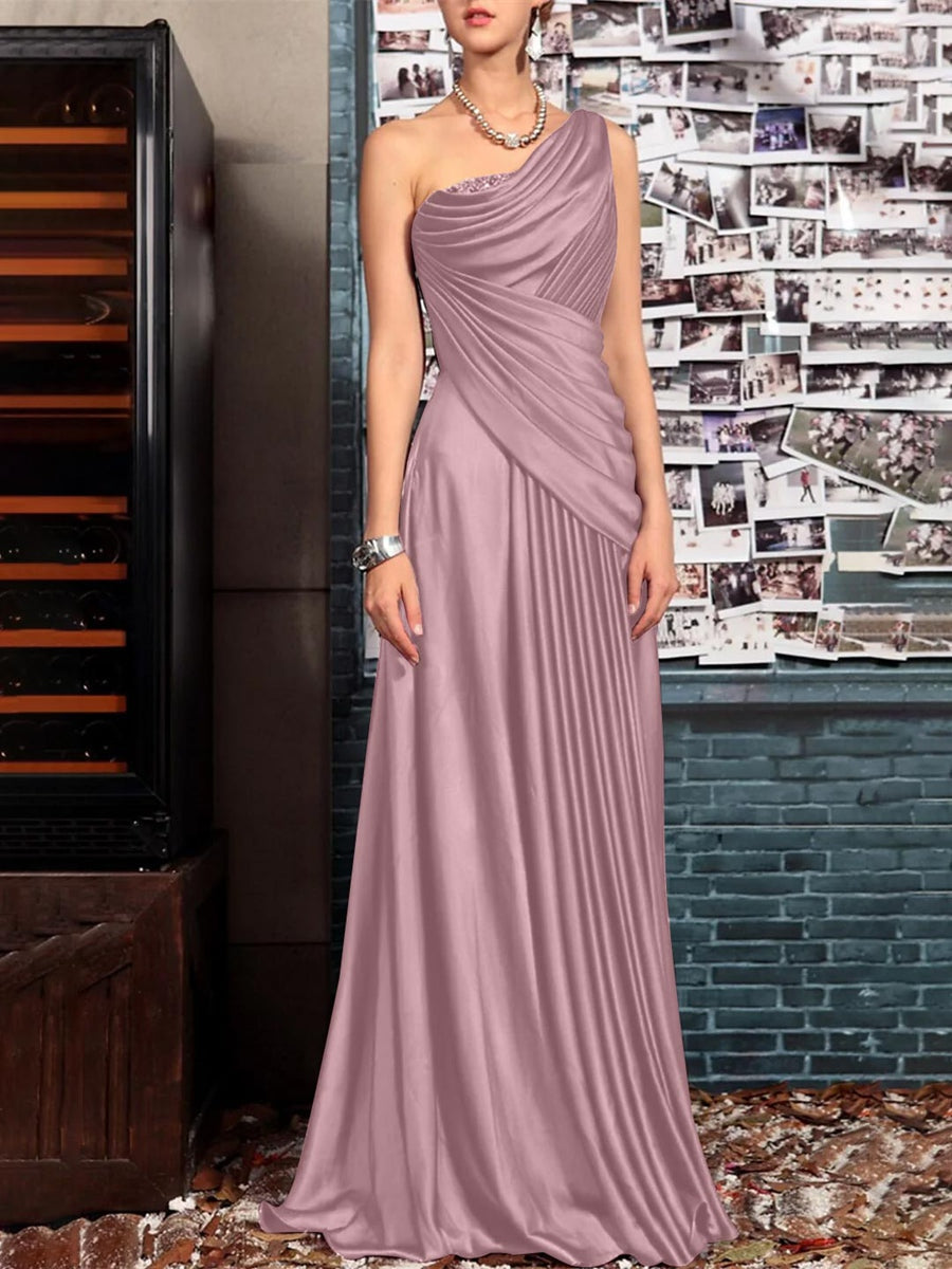 Sheath One Shoulder Sleeveless Floor Length Mother of the Bride Dresses with Pleats Crystals Draping