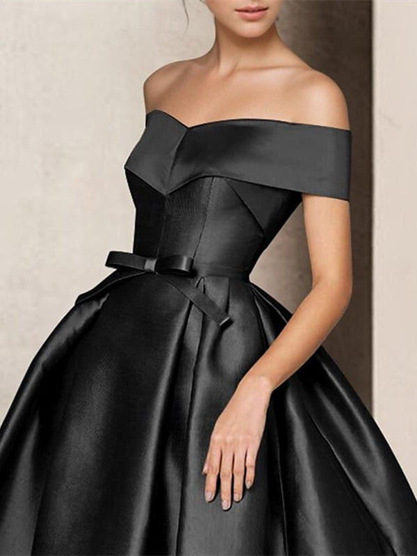 A-Line Strapless Short Sleeve Floor Length Mother of the Bride Dresses Satin with Bow(s)