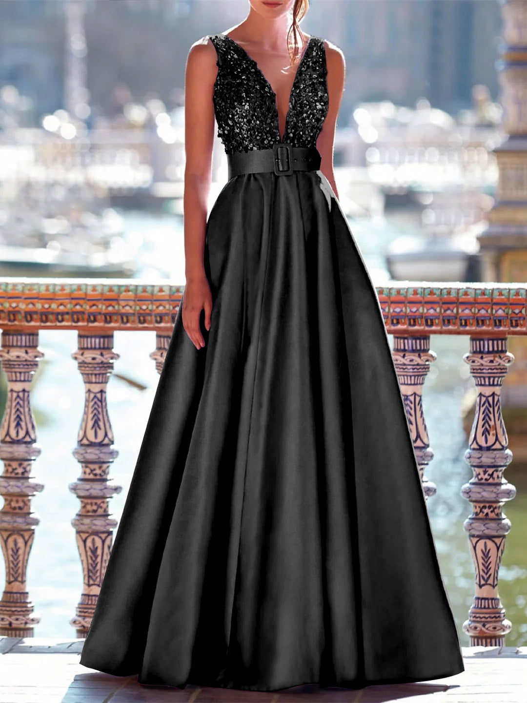 A-Line Floor Length Sleeveless V Neck Prom Dress Pocket Satin with Pearls