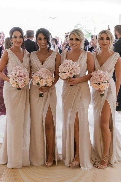 Sheath V Neck Open Back Champagne Chiffon Long Bridesmaid Dresses with Split VK0116035