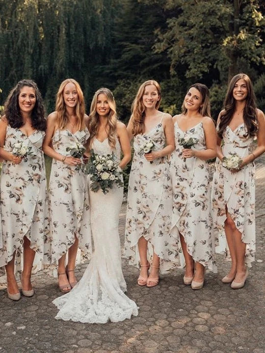 Charming Chiffon V-neck Floral Printed Bridesmaid Dresses With Slit VK0321006