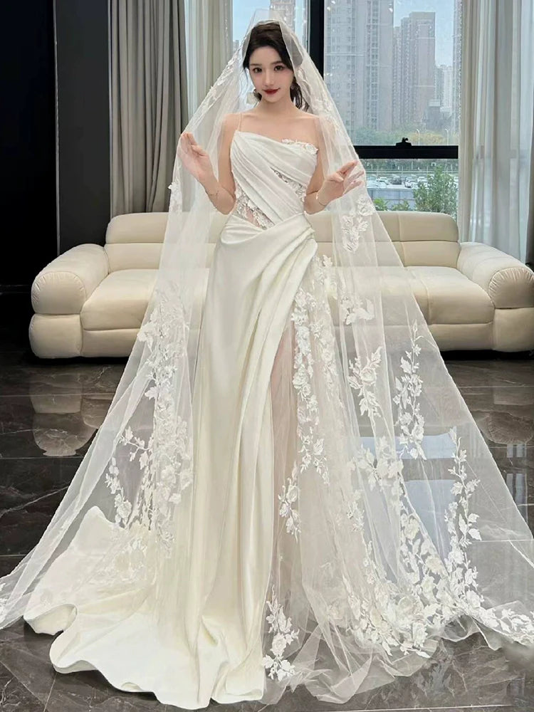 Vestido de novia largo de encaje de tul blanco Vestido de novia princesa fg7388
