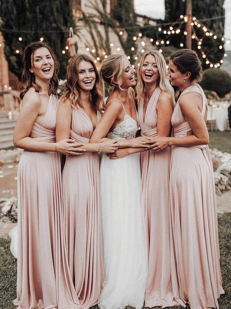 Elegant Light Pink Elastic Satin Floor Length Long Bridesmaid Dress VK0310005