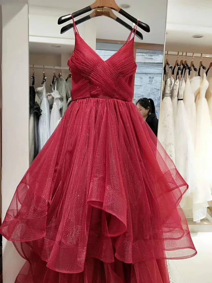 A Line Spaghetti Straps Sparkly Red Tulle Prom Dresses fg3088