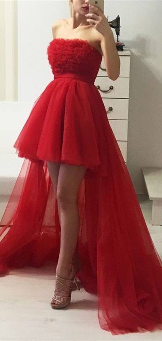 A Line Red High Low Prom Dresses Party Evening Gowns fg3107