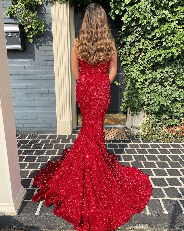 Charming Sparkly Mermaid V Neck Red Sequins Long Prom Dresses fg2934