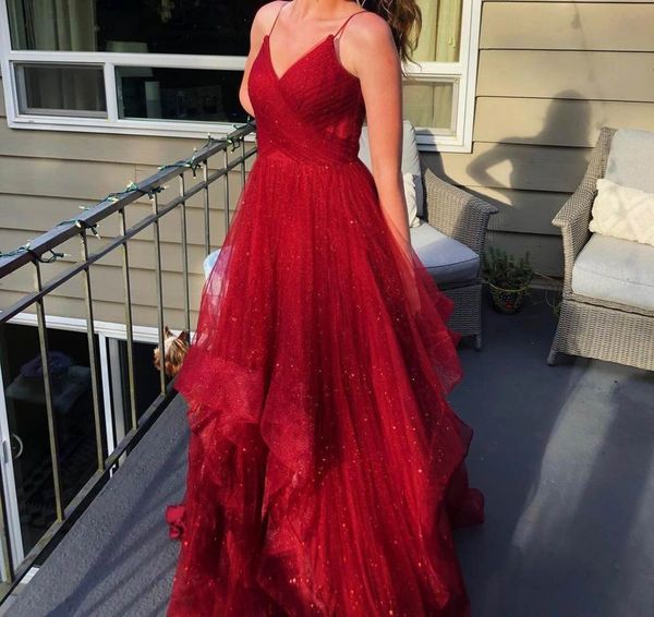 A Line Spaghetti Straps Sparkly Red Tulle Prom Dresses fg3088