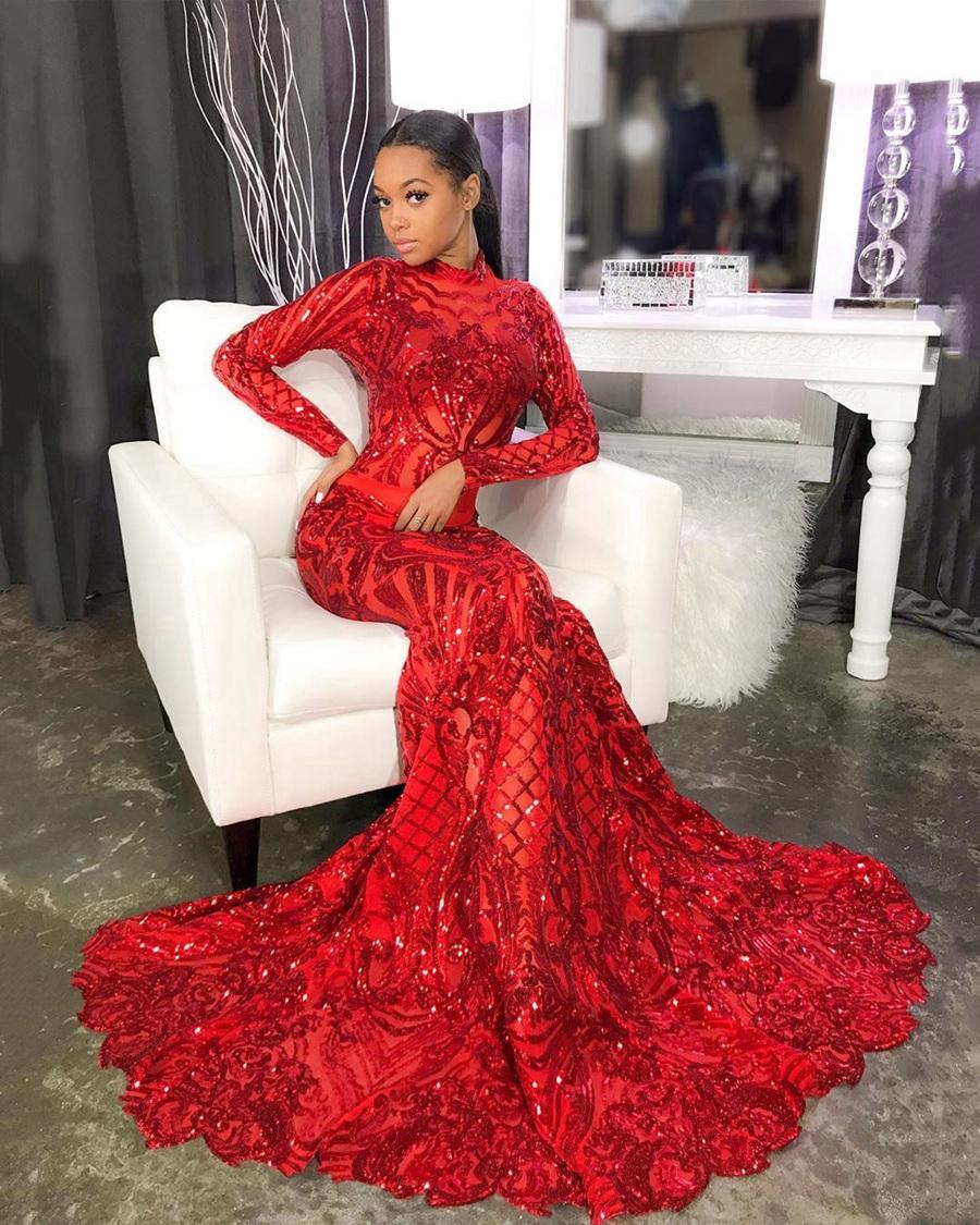 Elegant African Style High Neck Prom Gowns Red Lace Sequins Long Sleeves Mermaid Evening Party Dress for Special Occations fg1610