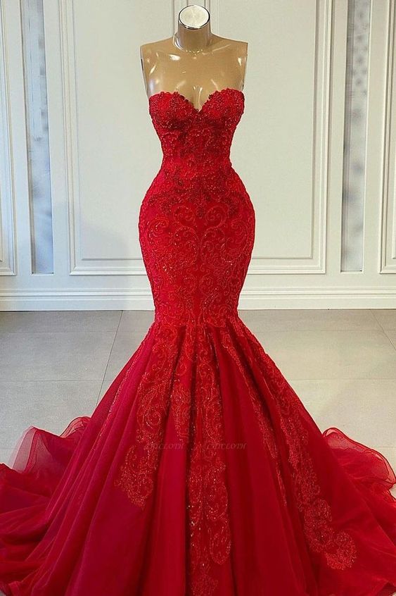 Exquisitos vestidos de fiesta de sirena sin mangas con escote en forma de corazón y lentejuelas rojas fg1871