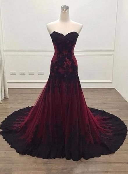 Black And Red Sweetheart Tulle With Lace Glam Evening Gown Party Dress, Long Formal Dress fg2557
