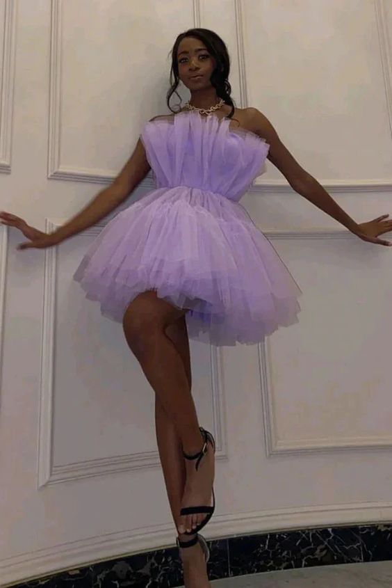 Vestido de fiesta corto de tul sin tirantes color lavanda, vestido de fiesta corto fg2420