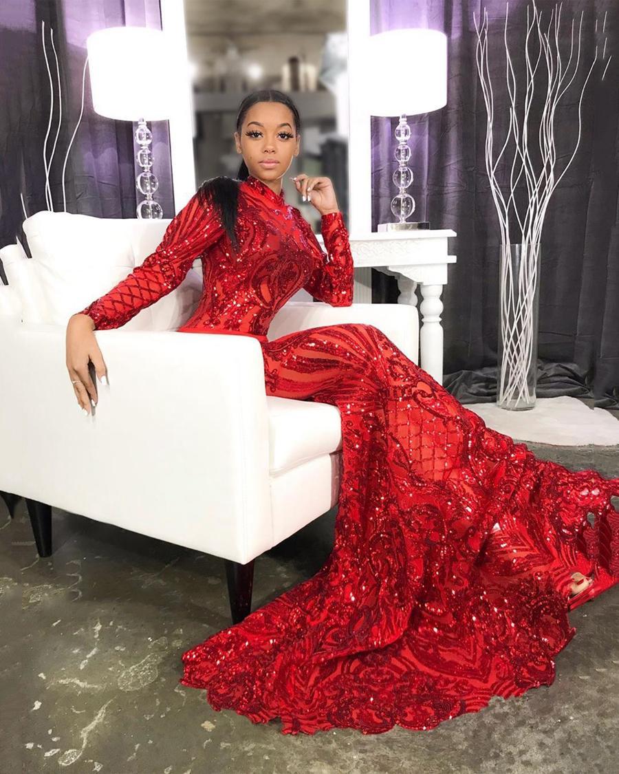 Elegant African Style High Neck Prom Gowns Red Lace Sequins Long Sleeves Mermaid Evening Party Dress for Special Occations fg1610