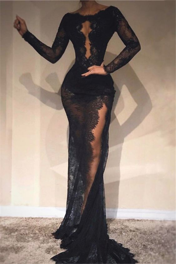 Vestidos de noche negros con encaje y corte tubo fg1048