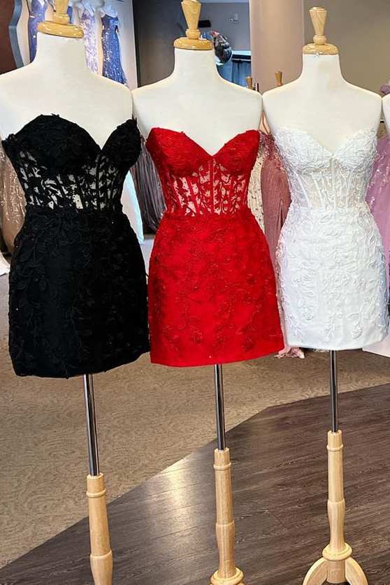 Vestido mini ajustado con apliques, sin tirantes y con cordones para la fiesta de bienvenida fg1532