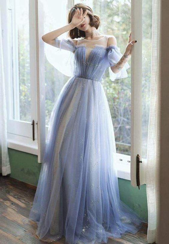 Vestido de fiesta largo de tul azul vestido de noche azul fg1209