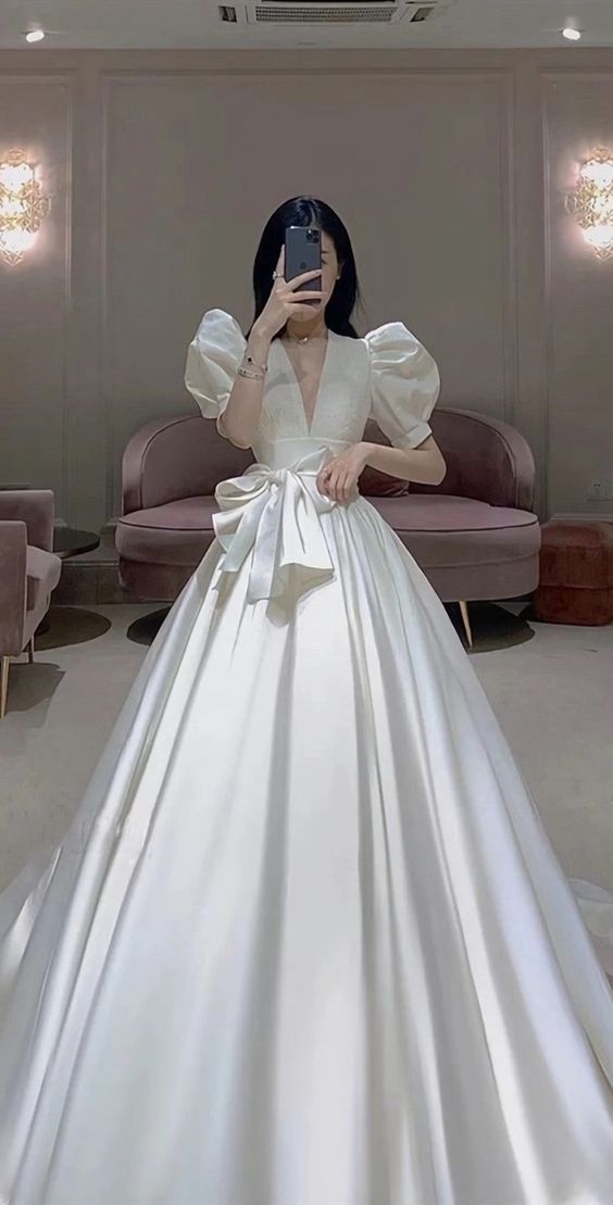Vestidos de novia nuevos con escote en V y mangas abullonadas, vestidos de novia de lujo en forma de A, vestido de fiesta fg2573